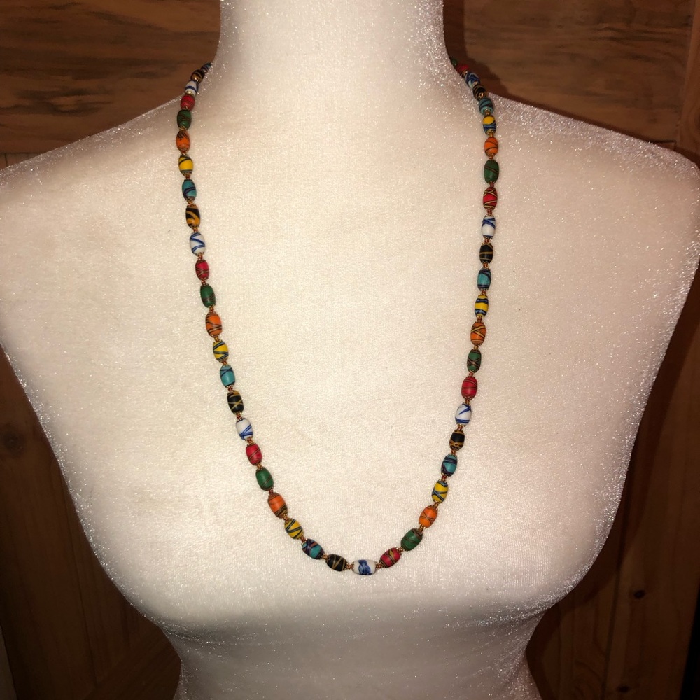 Venetian Glass Striped Beaded Necklace 13” Multicolored